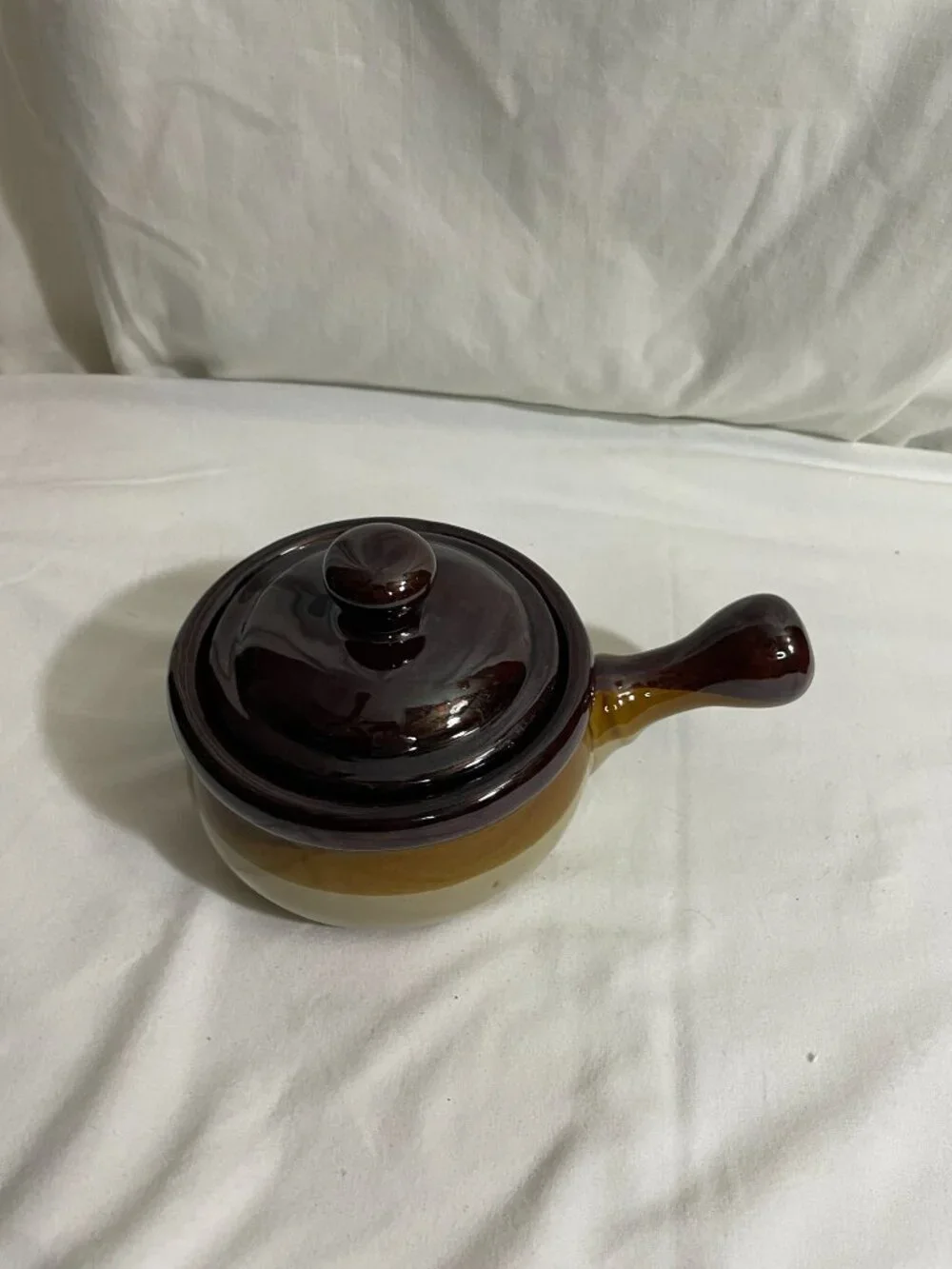 Vintage Brown Drip Glaze Covered Ceramic Individual Soup Crock Pot w/ Handle & L